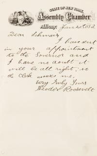 ROOSEVELT, Theodore. Autographed letter signed ("Theodore Roosevelt"), as assemblyman, to James S. Lehmaier, Albany, 20 January 1882.