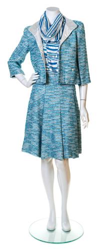 A Chanel Blue and Silver Boucle Skirt Ensemble, Size 38.