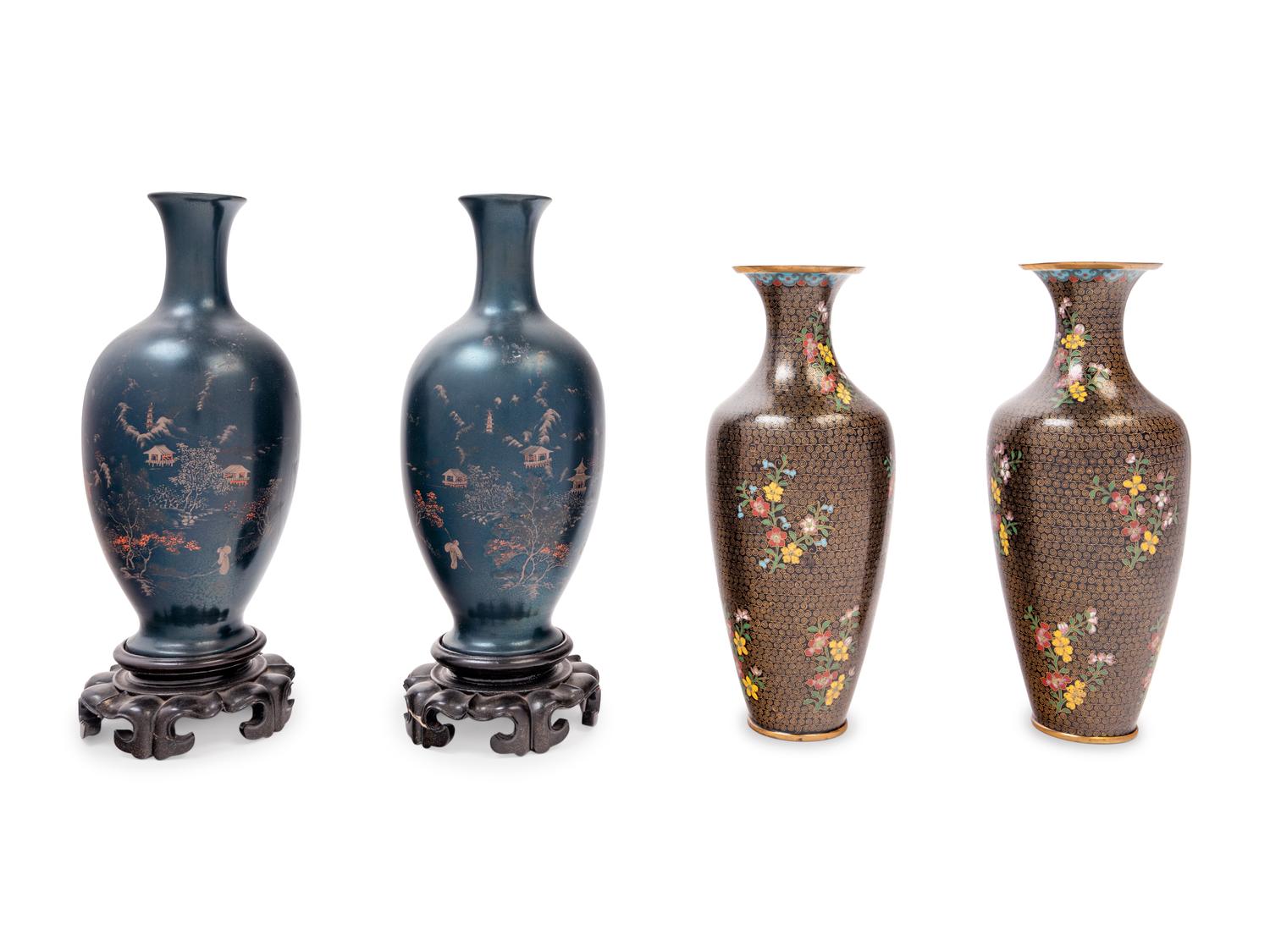 A Pair of Chinese Lacquer Vases and A Pair of Chinese Cloisonné Enamel Vases