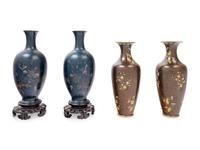 A Pair of Chinese Lacquer Vases and A Pair of Chinese Cloisonné Enamel Vases