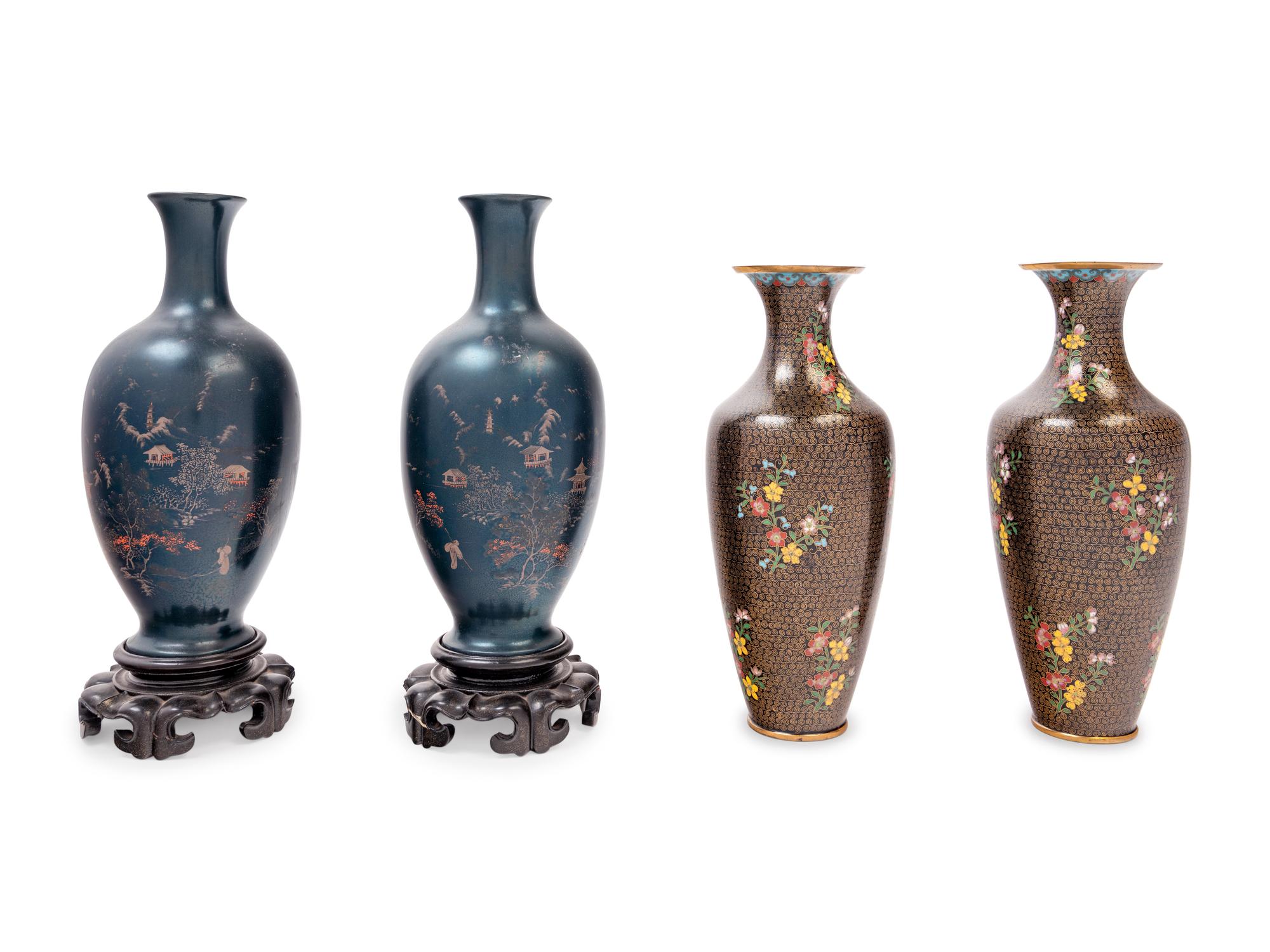 A Pair of Chinese Lacquer Vases and A Pair of Chinese Cloisonné Enamel Vases