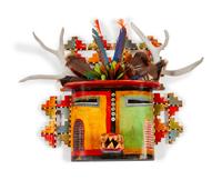 Painted Kachina Head Sculpture with Antlers and Feathers