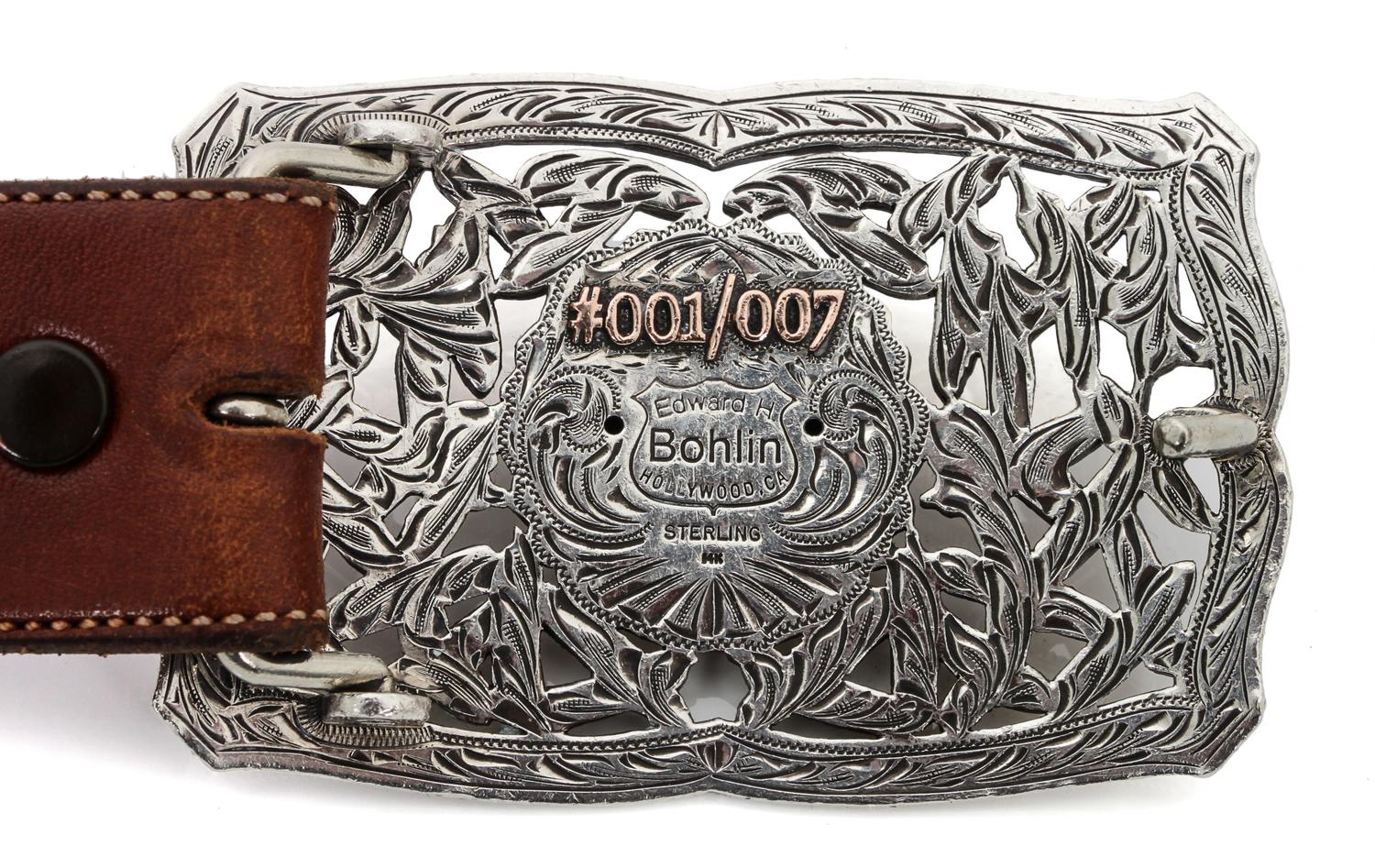 Edward H. Bohlin, Hollywood CA Silver, Yellow and Rose Gold Indian Chief Trophy Belt Buckle Buckle 2 1/2 x 3 3/4 inches; Belt 36 inches