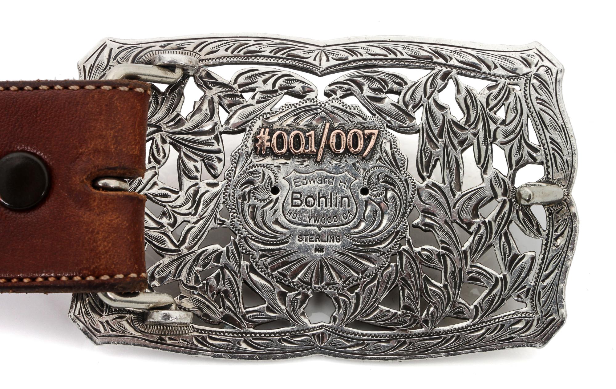 Edward H. Bohlin, Hollywood CA Silver, Yellow and Rose Gold Indian Chief Trophy Belt Buckle Buckle 2 1/2 x 3 3/4 inches; Belt 36 inches
