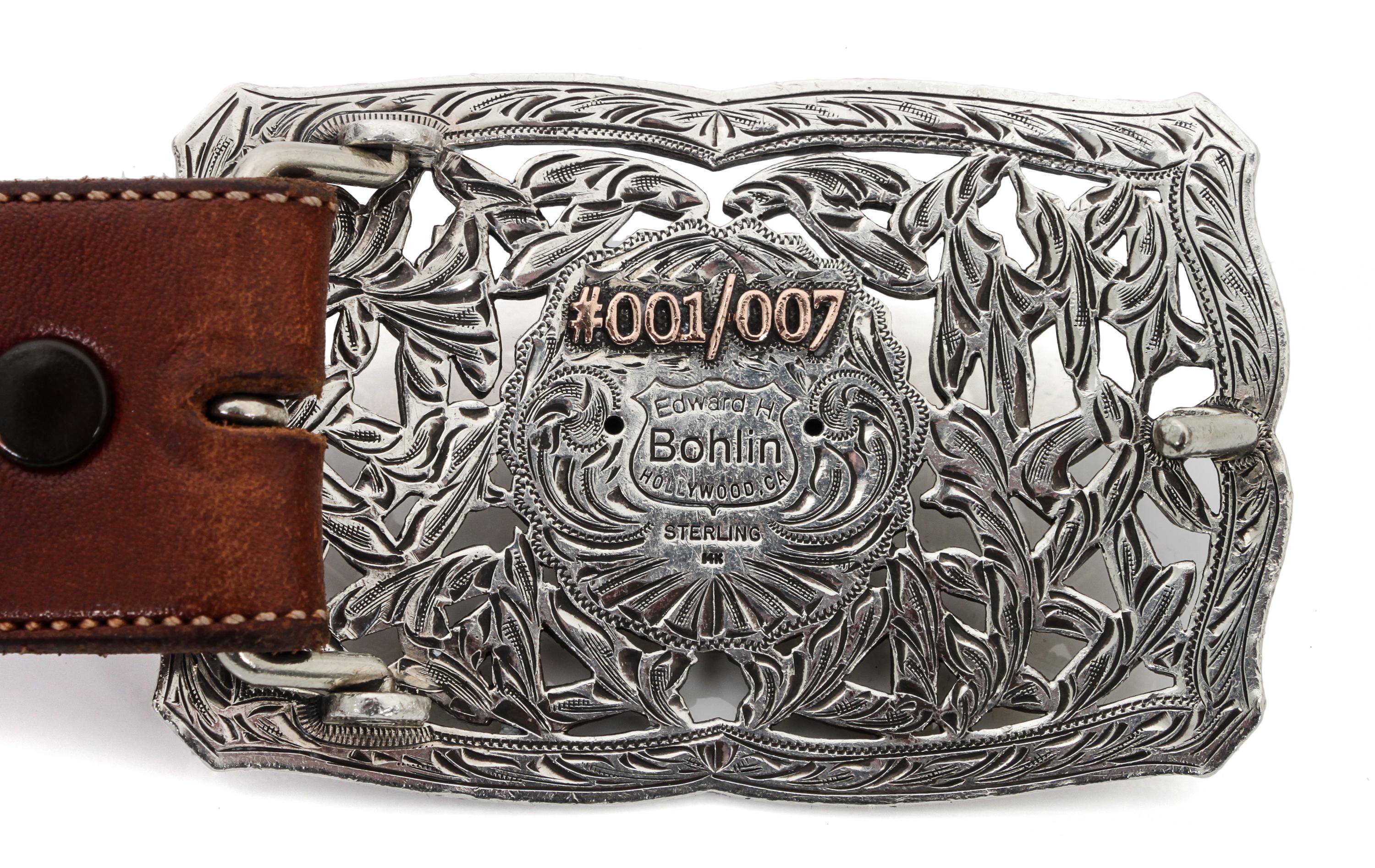 Edward H. Bohlin, Hollywood CA Silver, Yellow and Rose Gold Indian Chief Trophy Belt Buckle Buckle 2 1/2 x 3 3/4 inches; Belt 36 inches