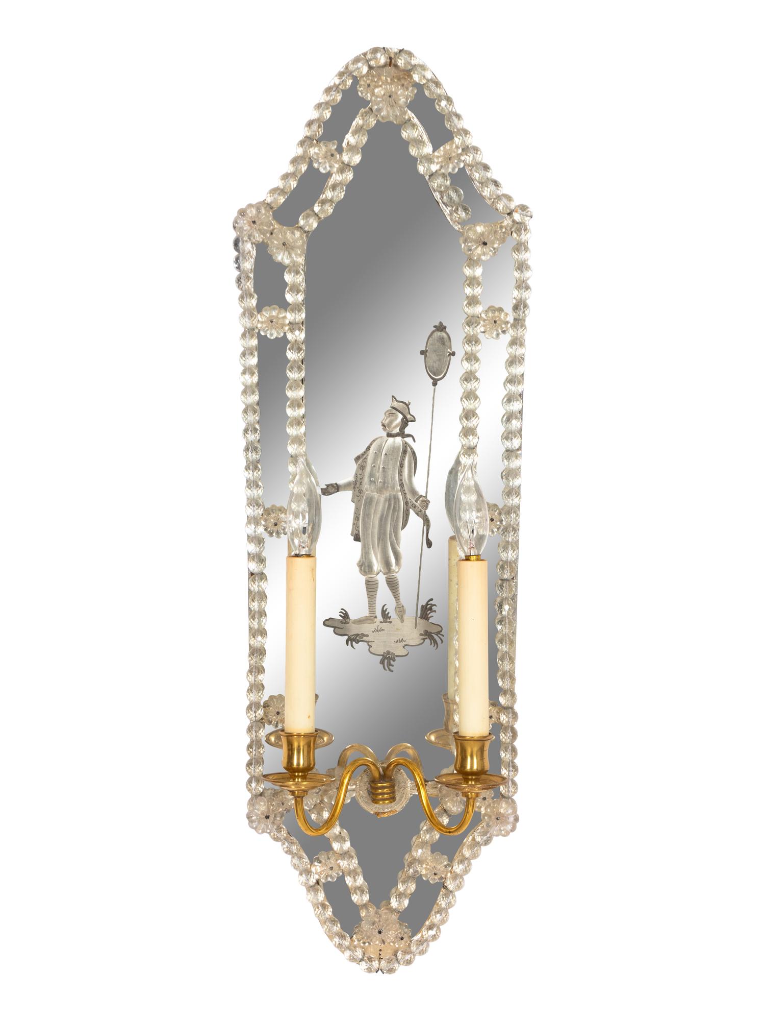 A Pair of Venetian Style Etched Glass Two-Light Girandole Mirrors