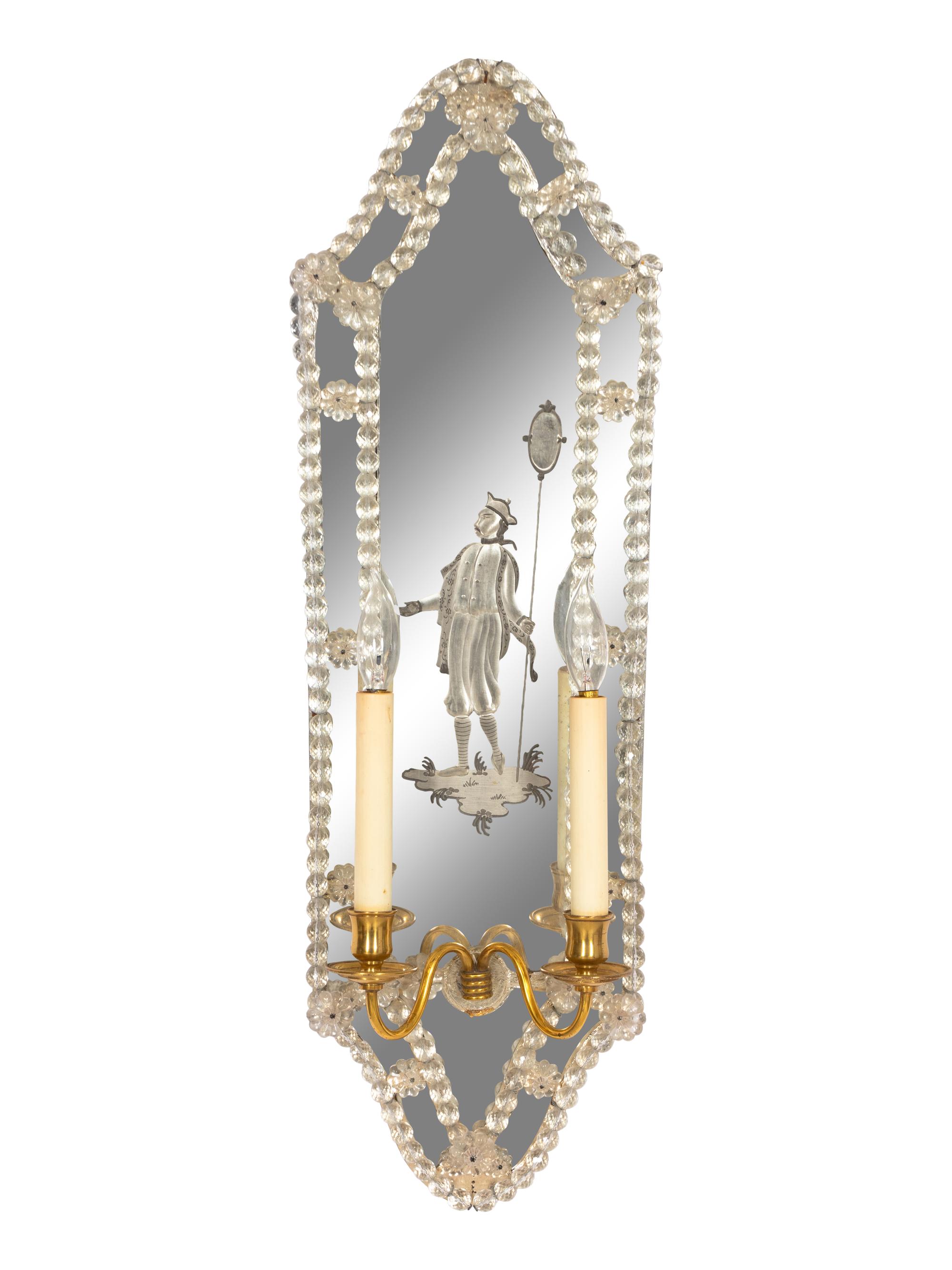 A Pair of Venetian Style Etched Glass Two-Light Girandole Mirrors