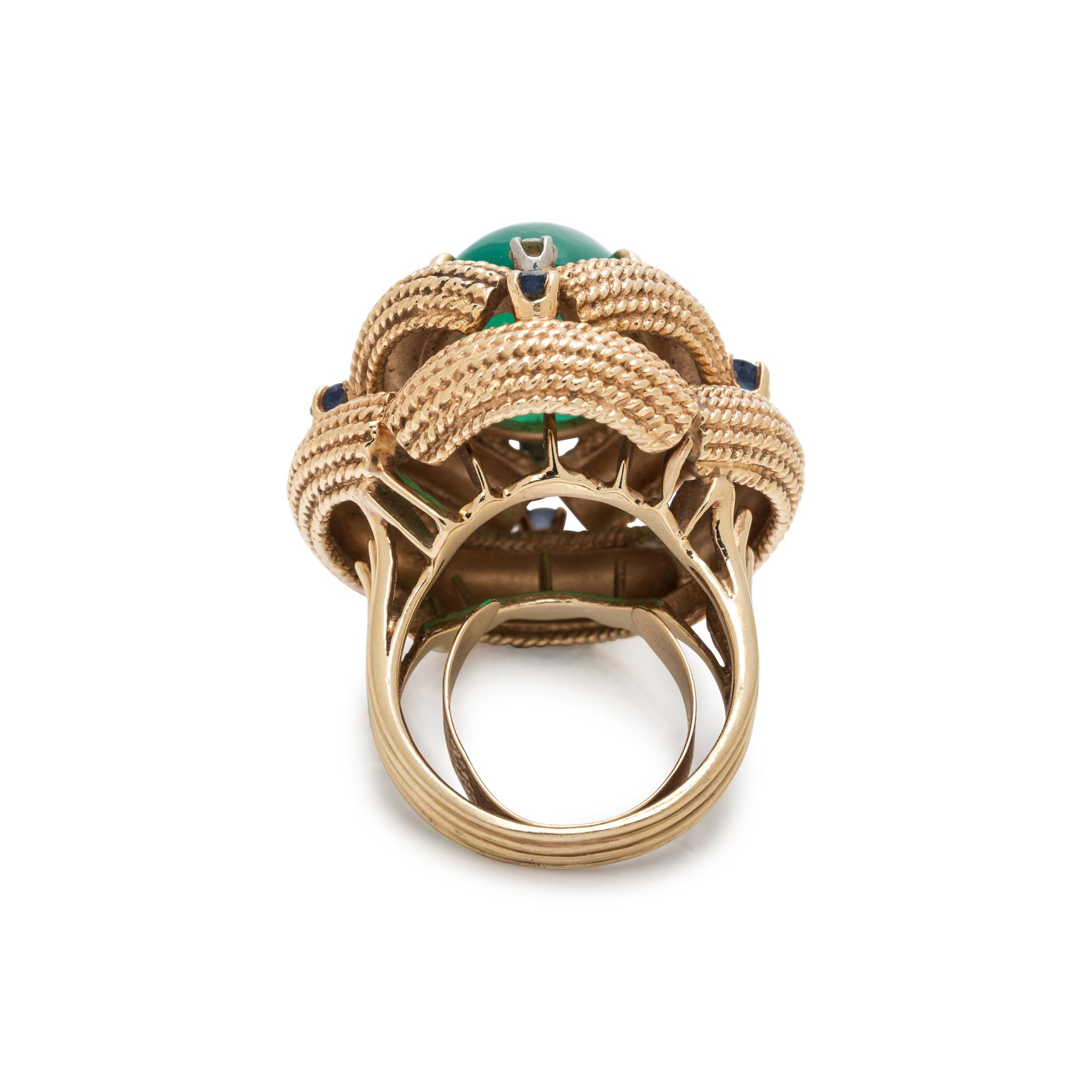 YELLOW GOLD, GREEN AGATE, SAPPHIRE AND DIAMOND RING