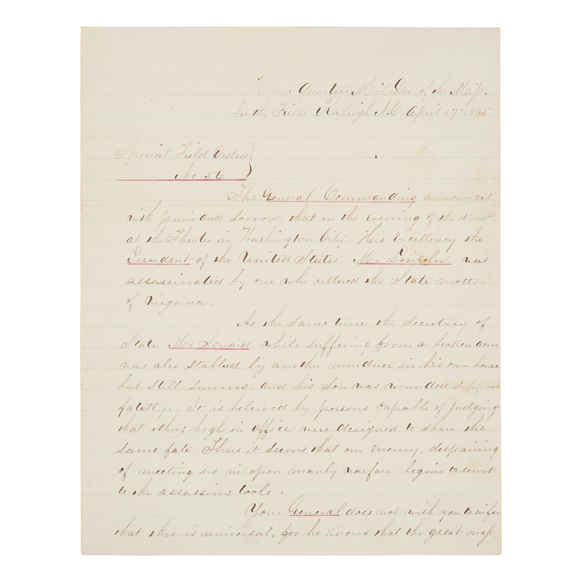 [Lincoln, Abraham] Contemporary Manuscript Copy of Special Field Order No. 56, Announcing the Assassination of President Lincoln, April 17, 1865
