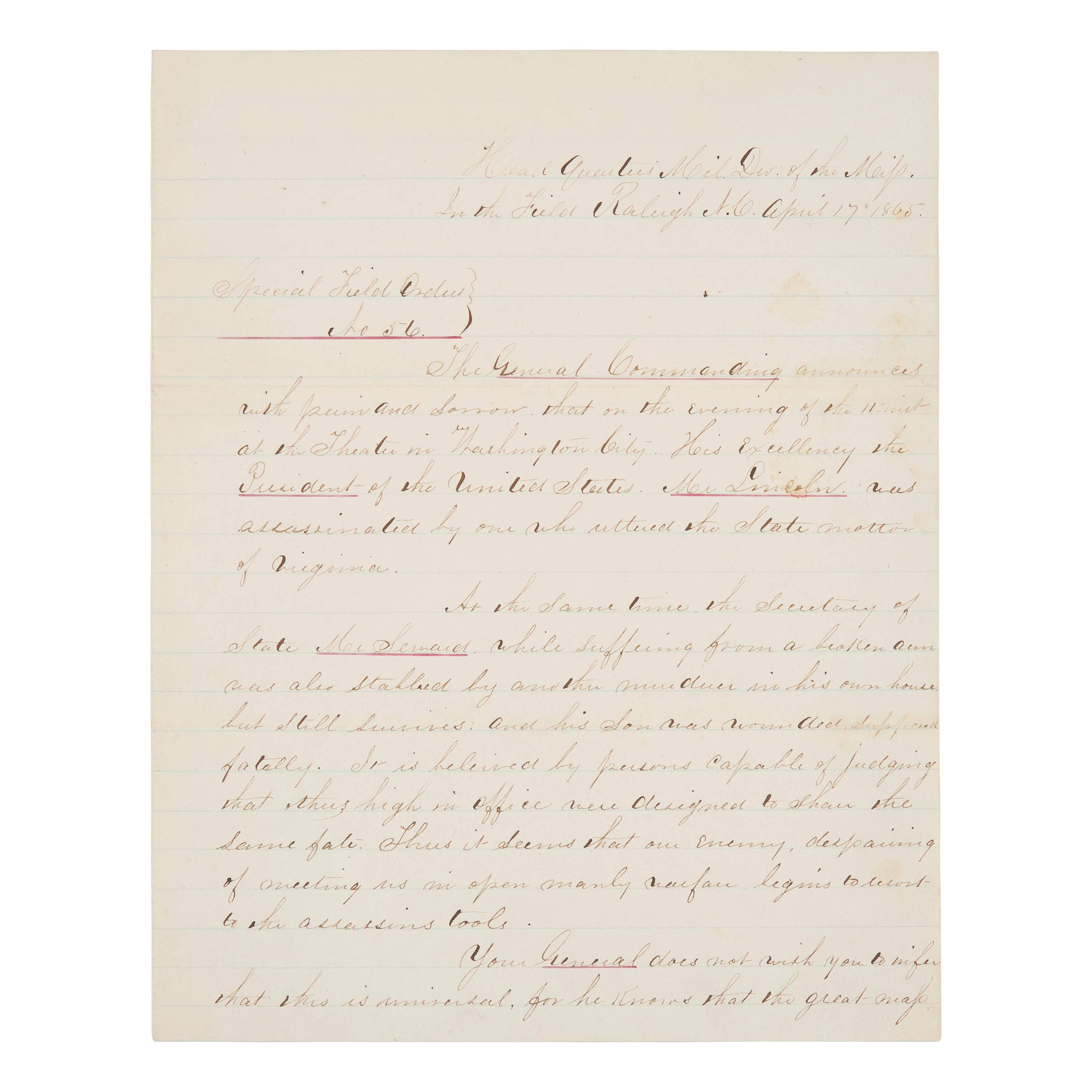 [Lincoln, Abraham] Contemporary Manuscript Copy of Special Field Order No. 56, Announcing the Assassination of President Lincoln, April 17, 1865