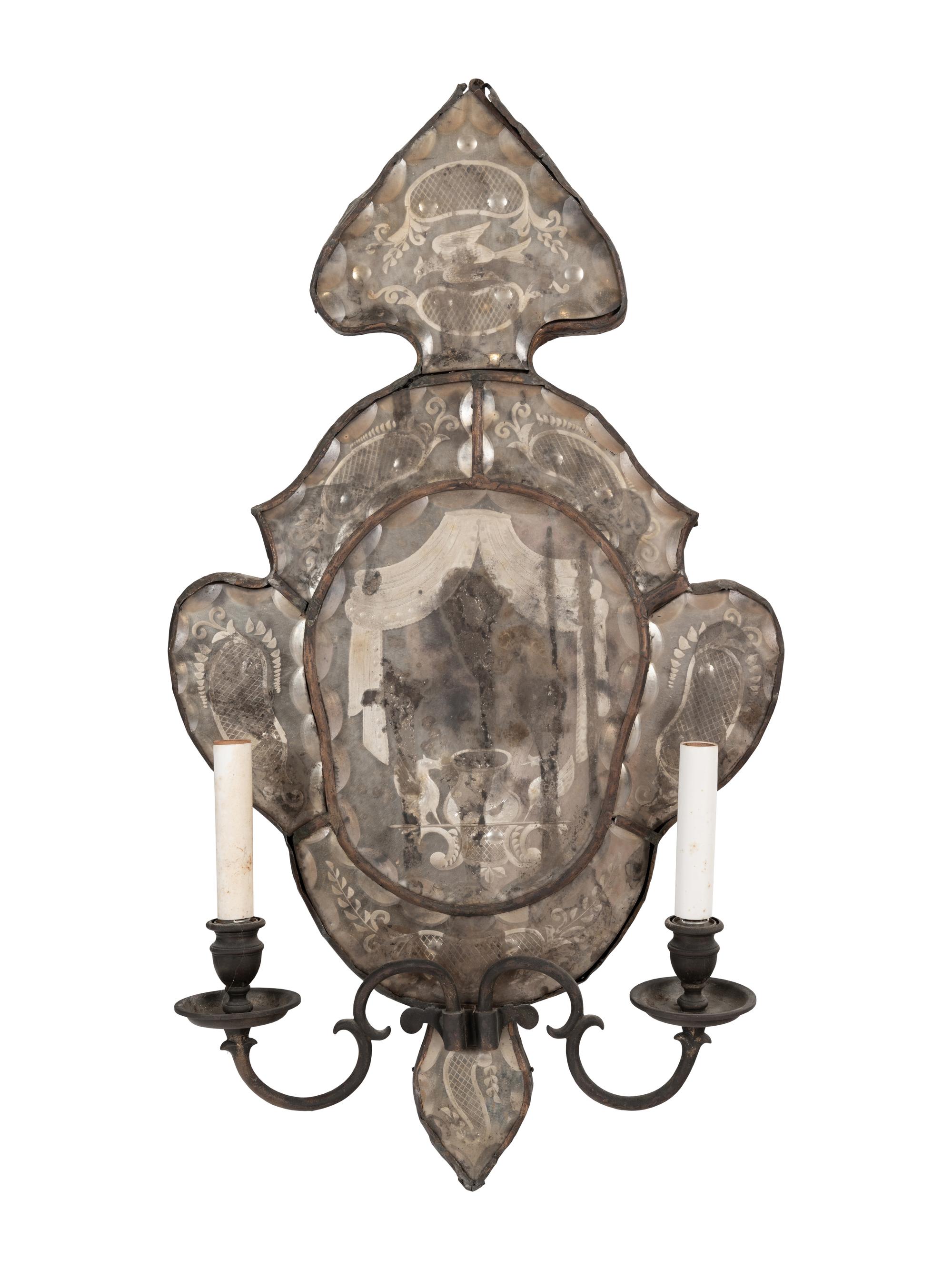 A Pair of Italian Mirrored Two-Light Sconces