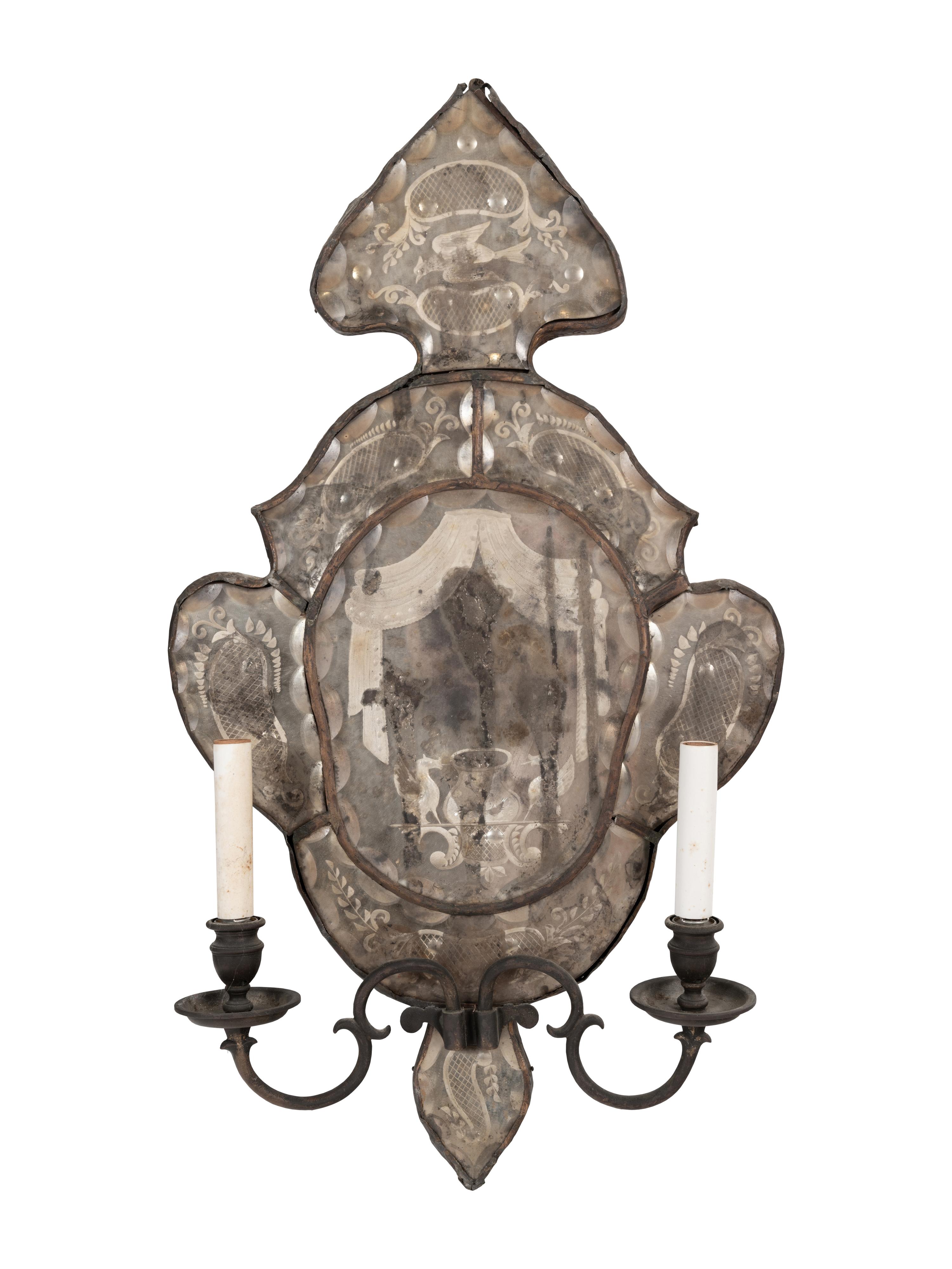 A Pair of Italian Mirrored Two-Light Sconces