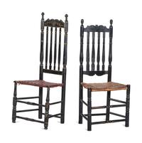 Two William and Mary Black Painted Bannister Back Splint Seat Side Chairs