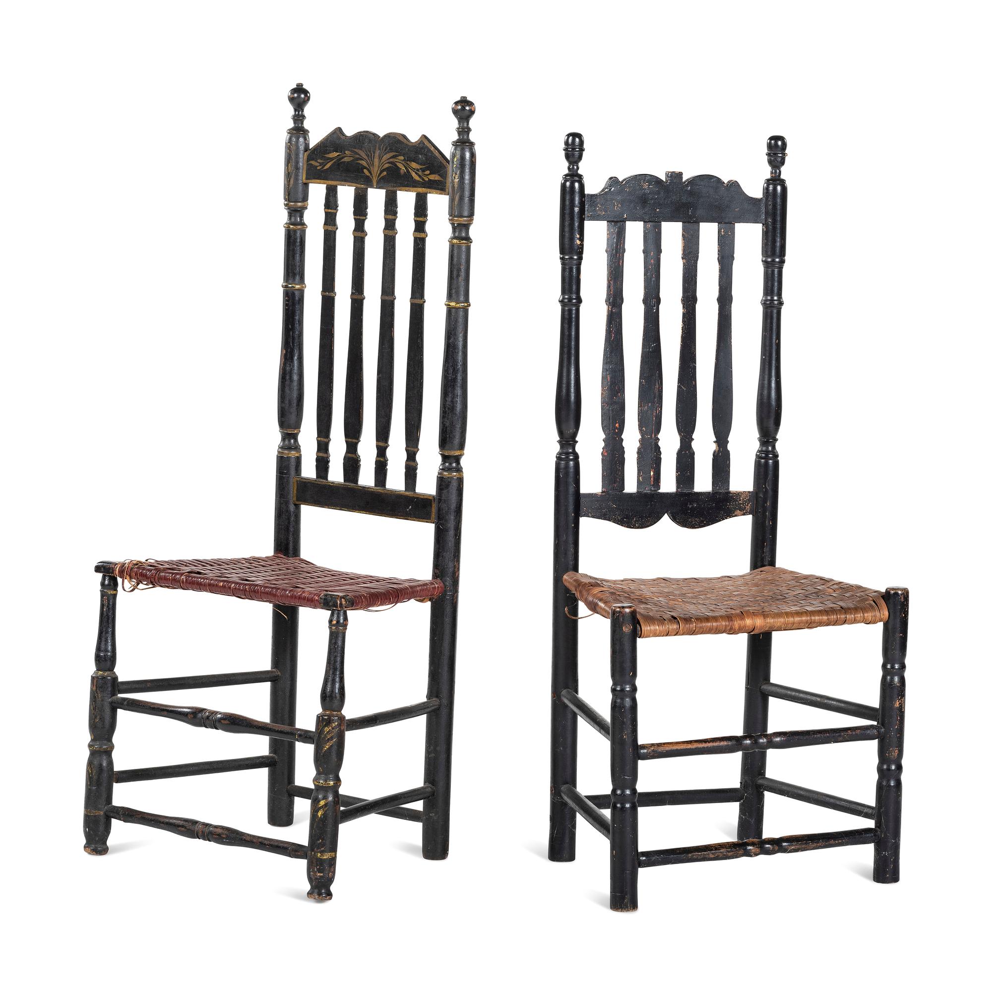 Two William and Mary Black Painted Bannister Back Splint Seat Side Chairs