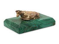 Two Russian Gilt Metal Mounted Malachite Paperweights