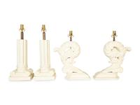Two Pairs of White-Painted Carved Wood Lamps
