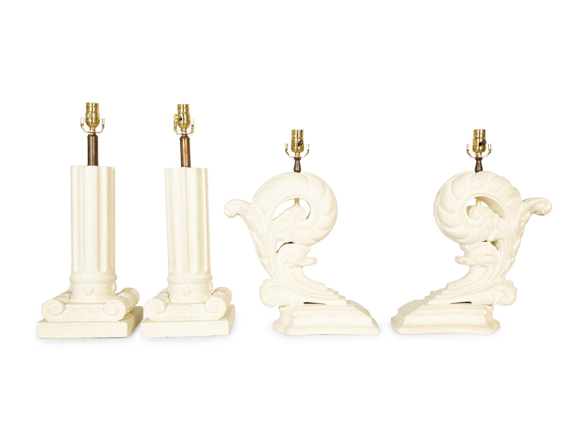 Two Pairs of White-Painted Carved Wood Lamps