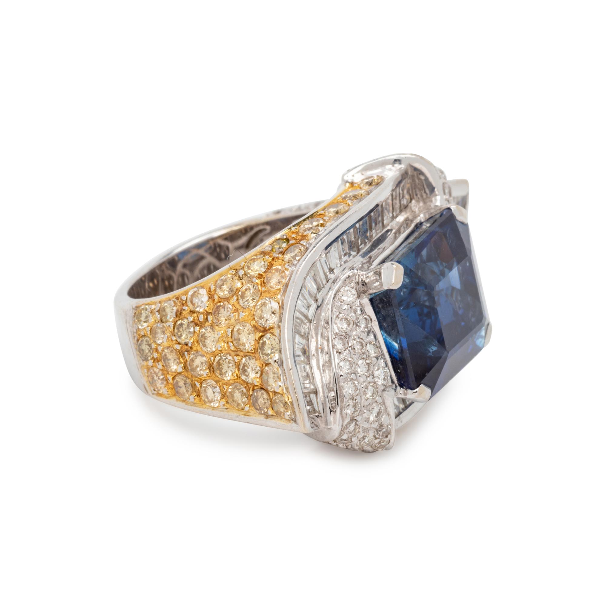 SAPPHIRE, COLORED DIAMOND AND DIAMOND RING