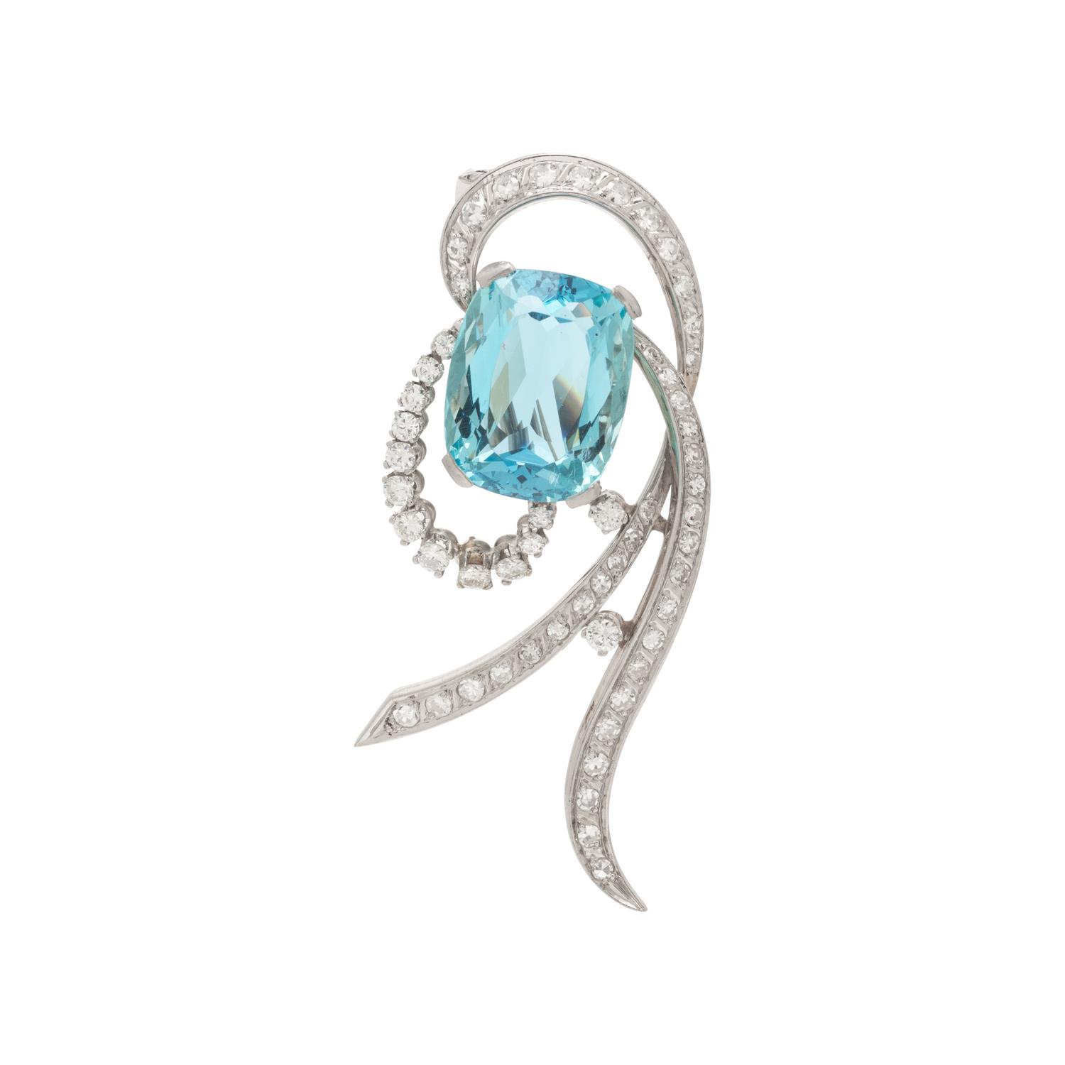 AQUAMARINE AND DIAMOND BROOCH