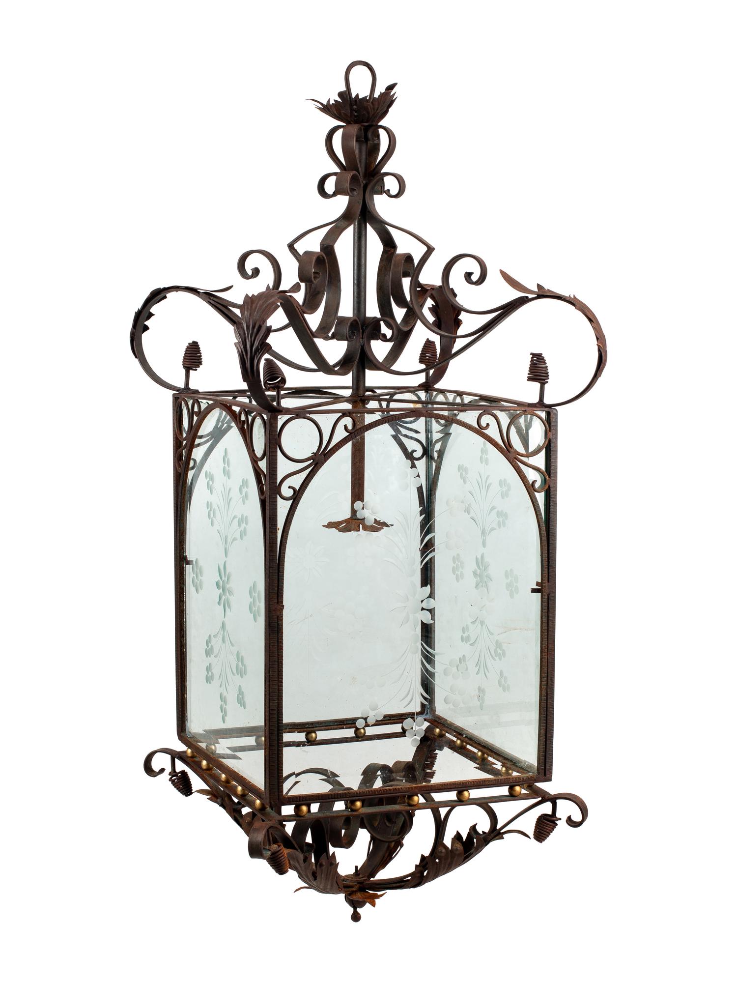 A Pair of Large Continental Wrought Iron and Etched Glass Lanterns
