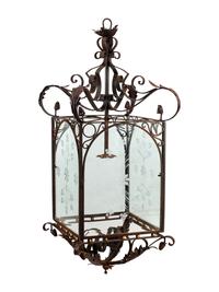 A Pair of Large Continental Wrought Iron and Etched Glass Lanterns