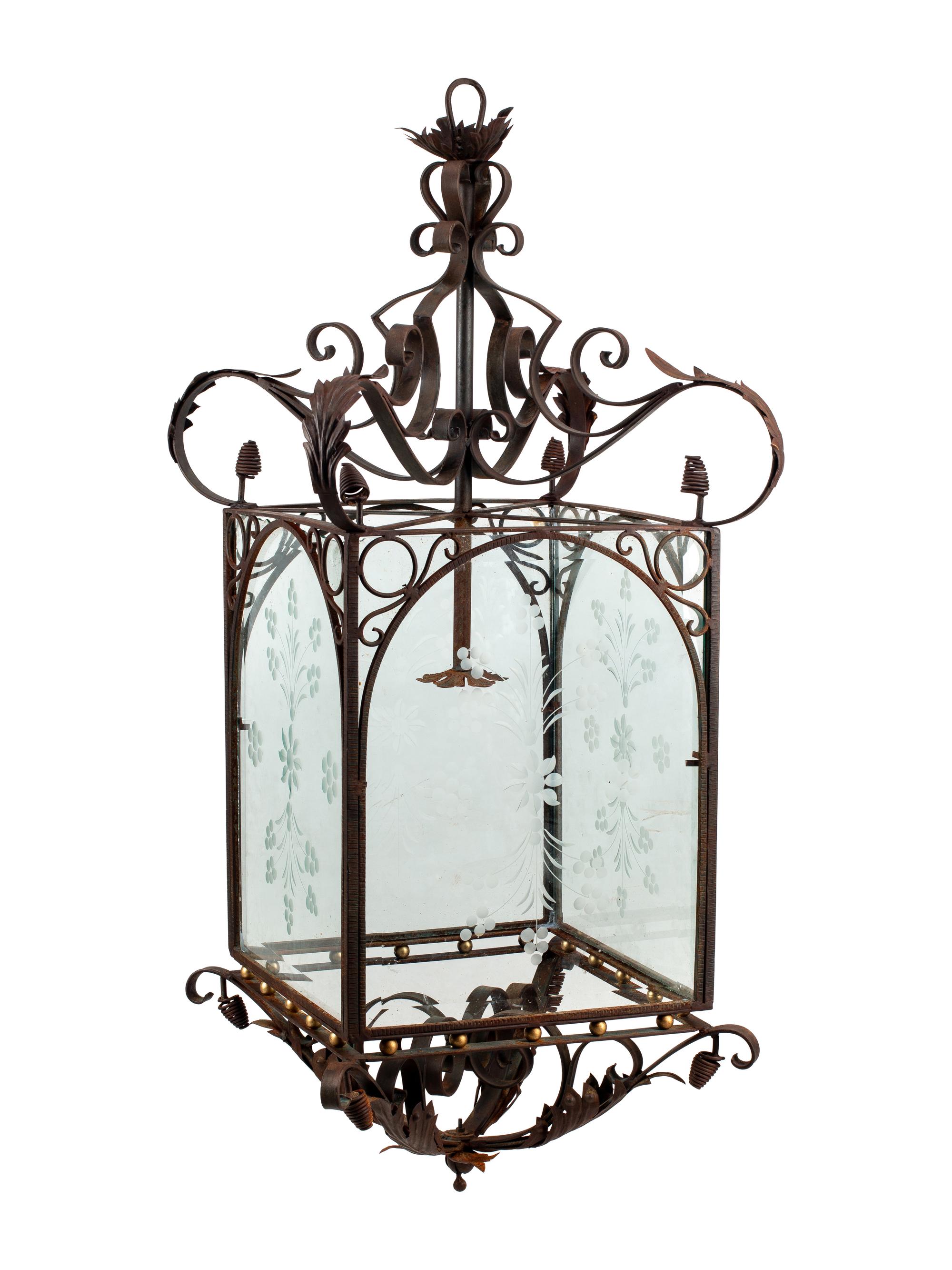A Pair of Large Continental Wrought Iron and Etched Glass Lanterns