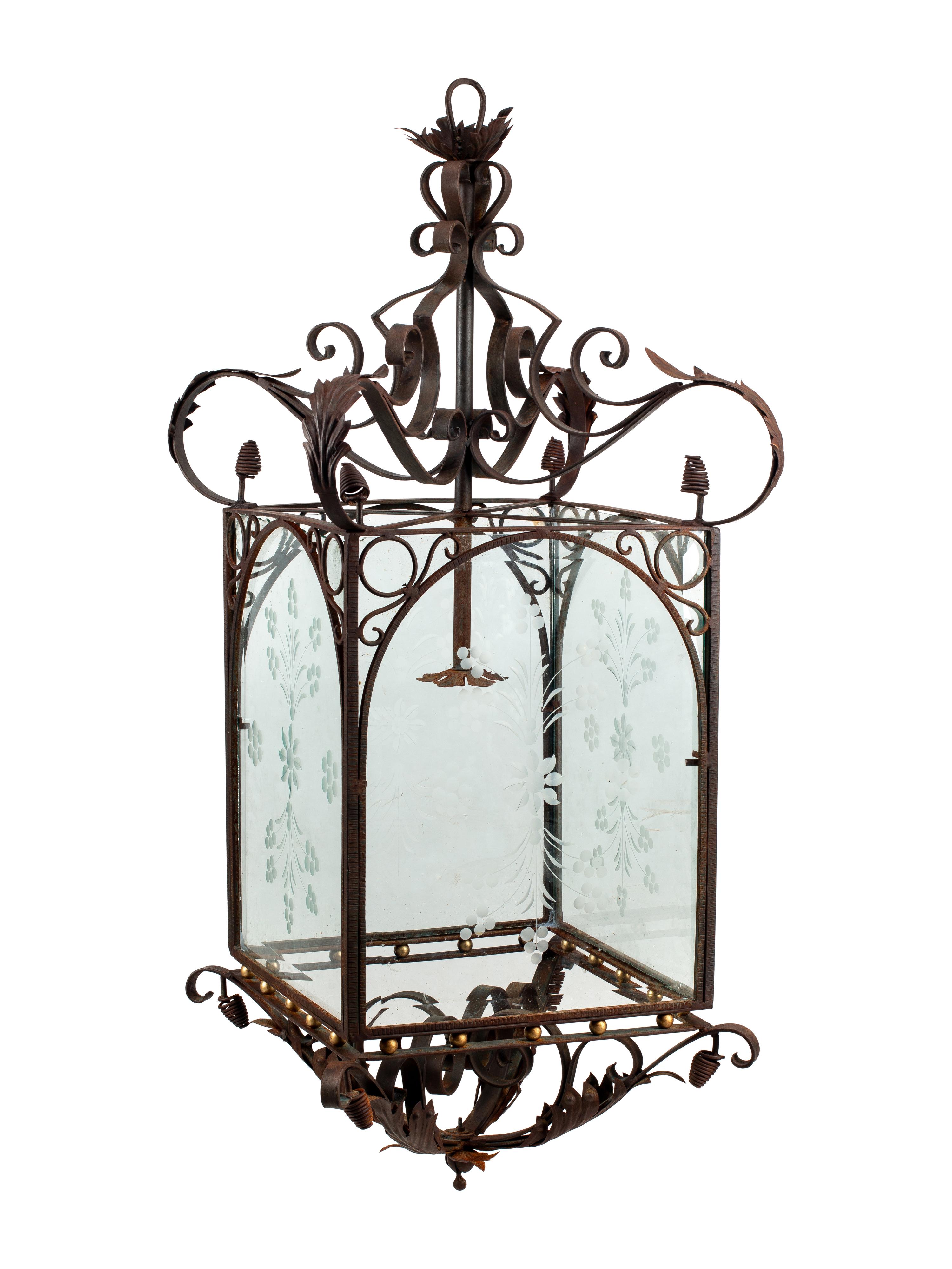 A Pair of Large Continental Wrought Iron and Etched Glass Lanterns