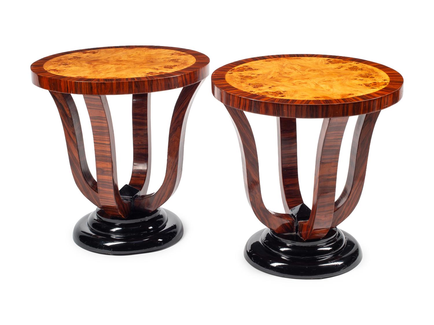A Pair of Art Deco Style Burlwood, Rosewood and Part Ebonized Side Tables