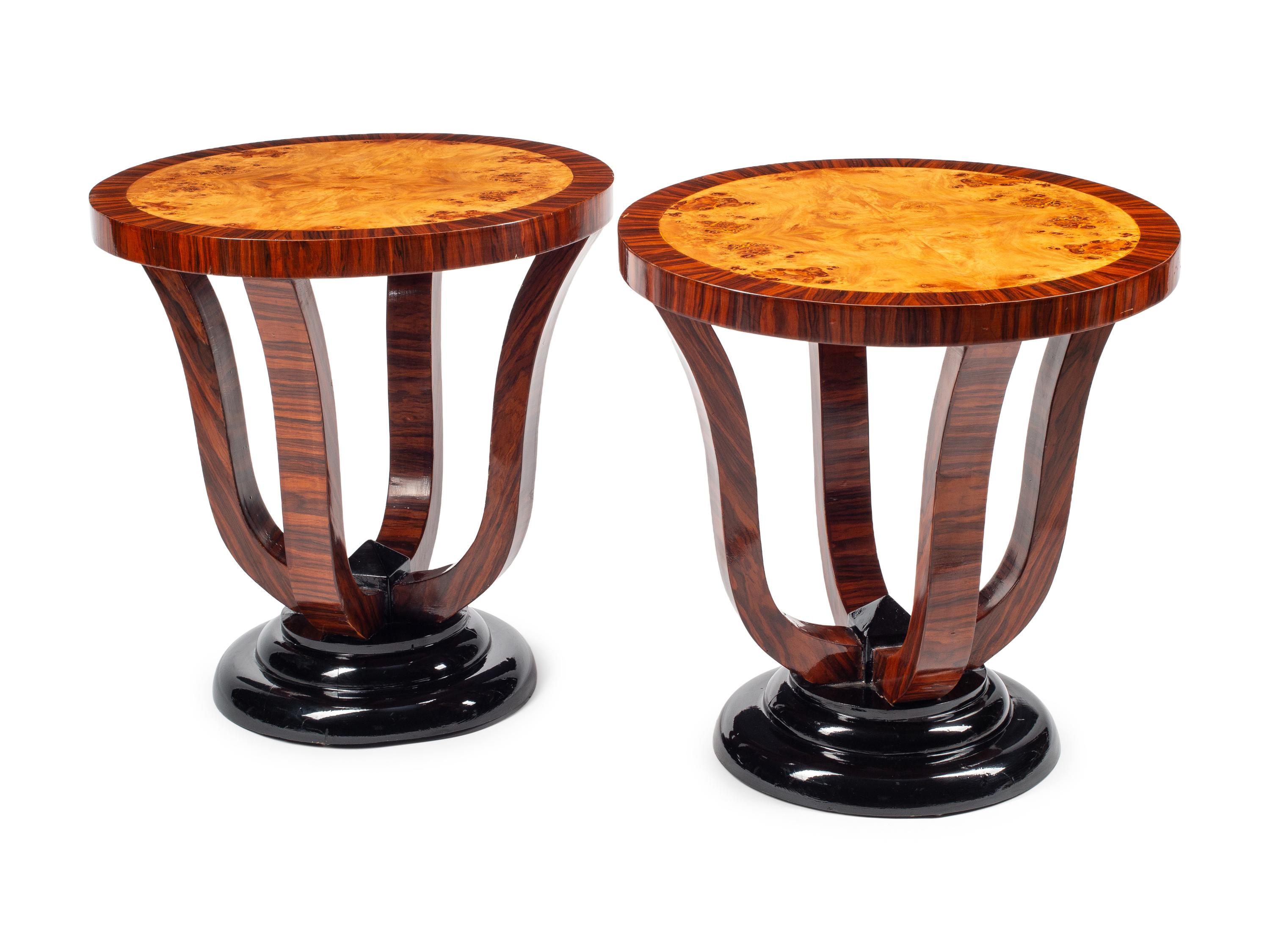 A Pair of Art Deco Style Burlwood, Rosewood and Part Ebonized Side Tables