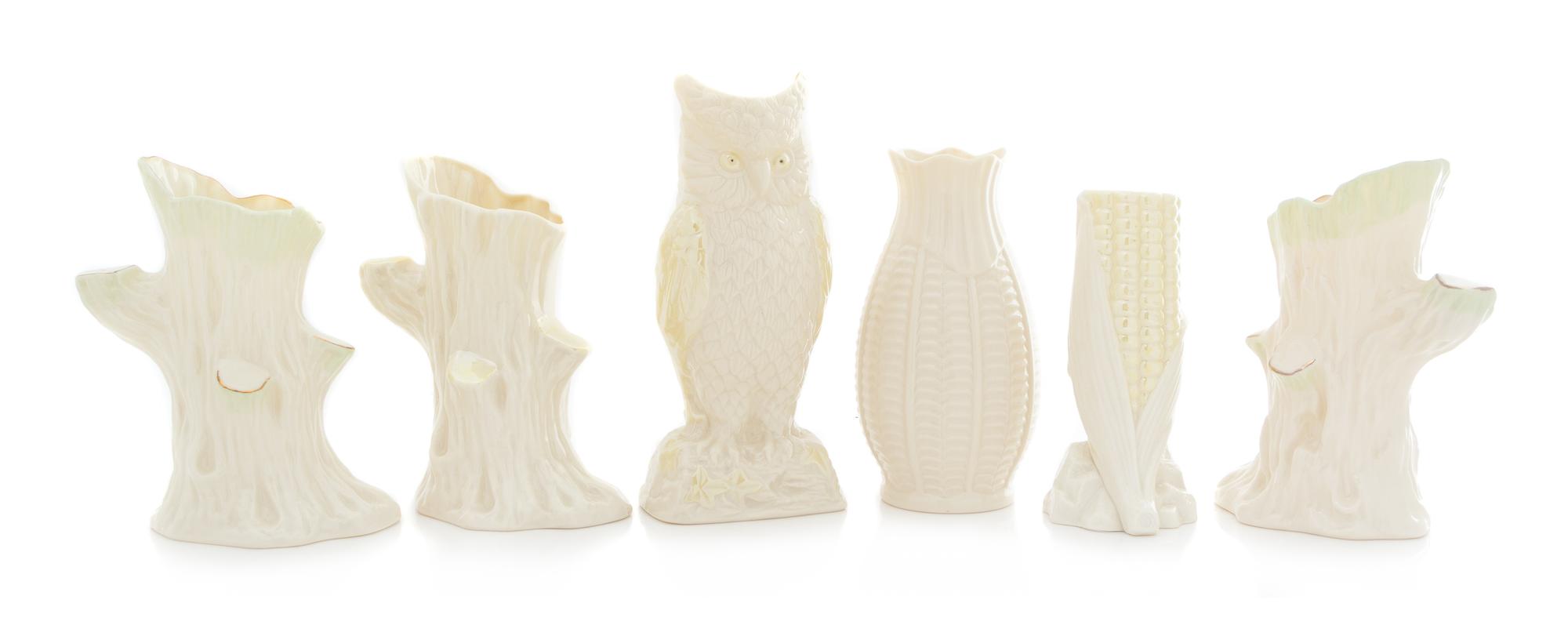 Six Belleek Vases Height of tallest 8 inches. — SIXTH GREEN MARK AND SEVENTH GOLD MARK (1965-1993)