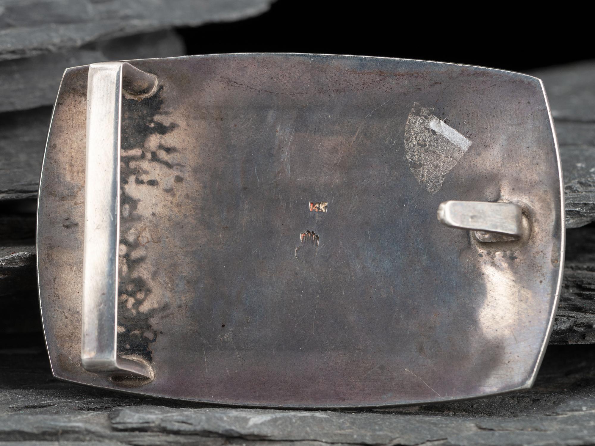 Sterling Silver and 14K Gold Belt Buckle, with Storming Pueblo and Mudhead Scene