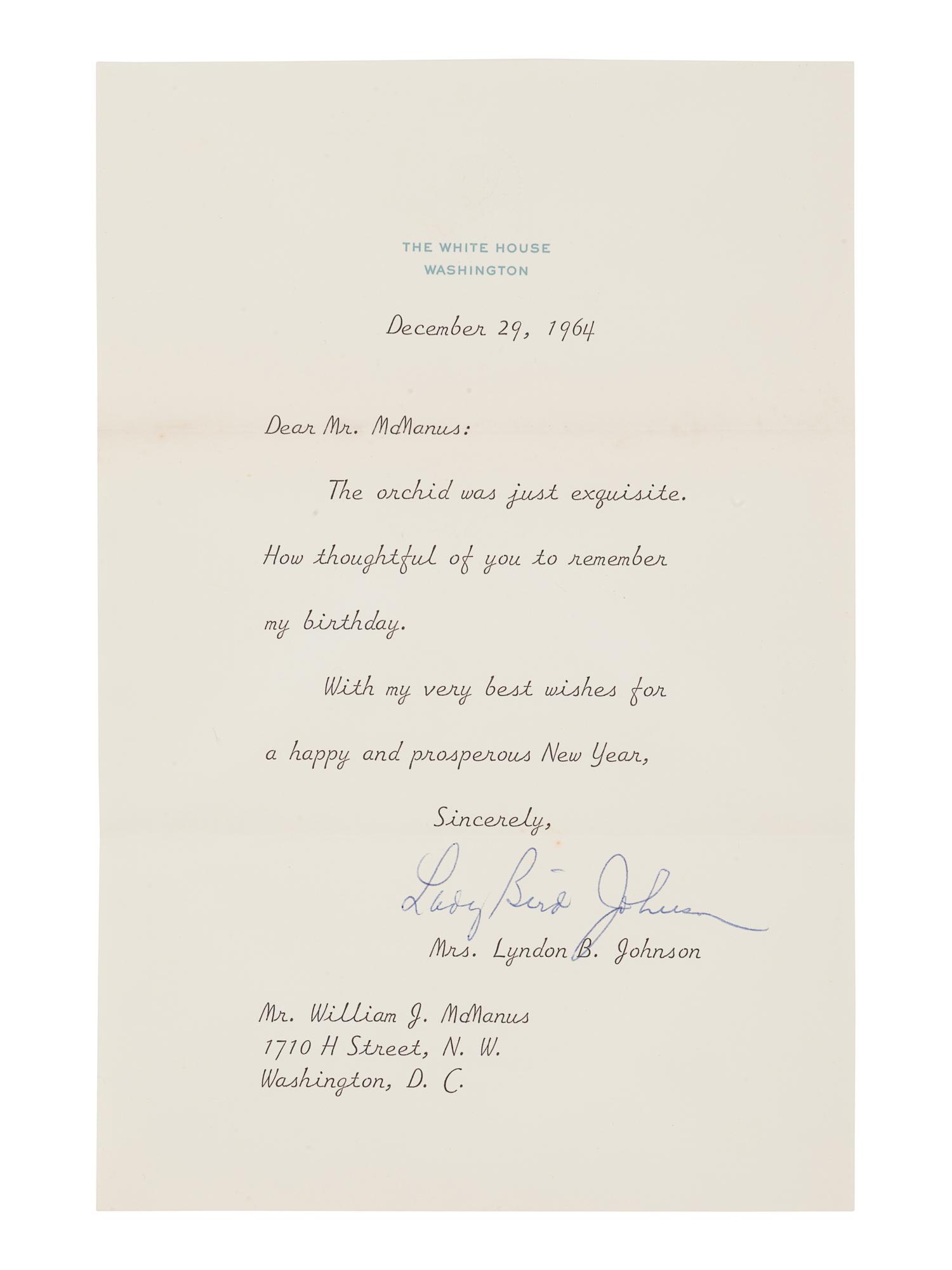 JOHNSON, Lyndon B. (1908-1973). Typed letter signed (“Lyndon”), as Vice President, to William J. McManus. Washington D.C., 28 April 1963. 1 page, 8vo, on Vice President stationary, with envelope, toning, adhesive residue to upper and lower margins.