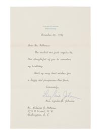 JOHNSON, Lyndon B. (1908-1973). Typed letter signed (“Lyndon”), as Vice President, to William J. McManus. Washington D.C., 28 April 1963. 1 page, 8vo, on Vice President stationary, with envelope, toning, adhesive residue to upper and lower margins.