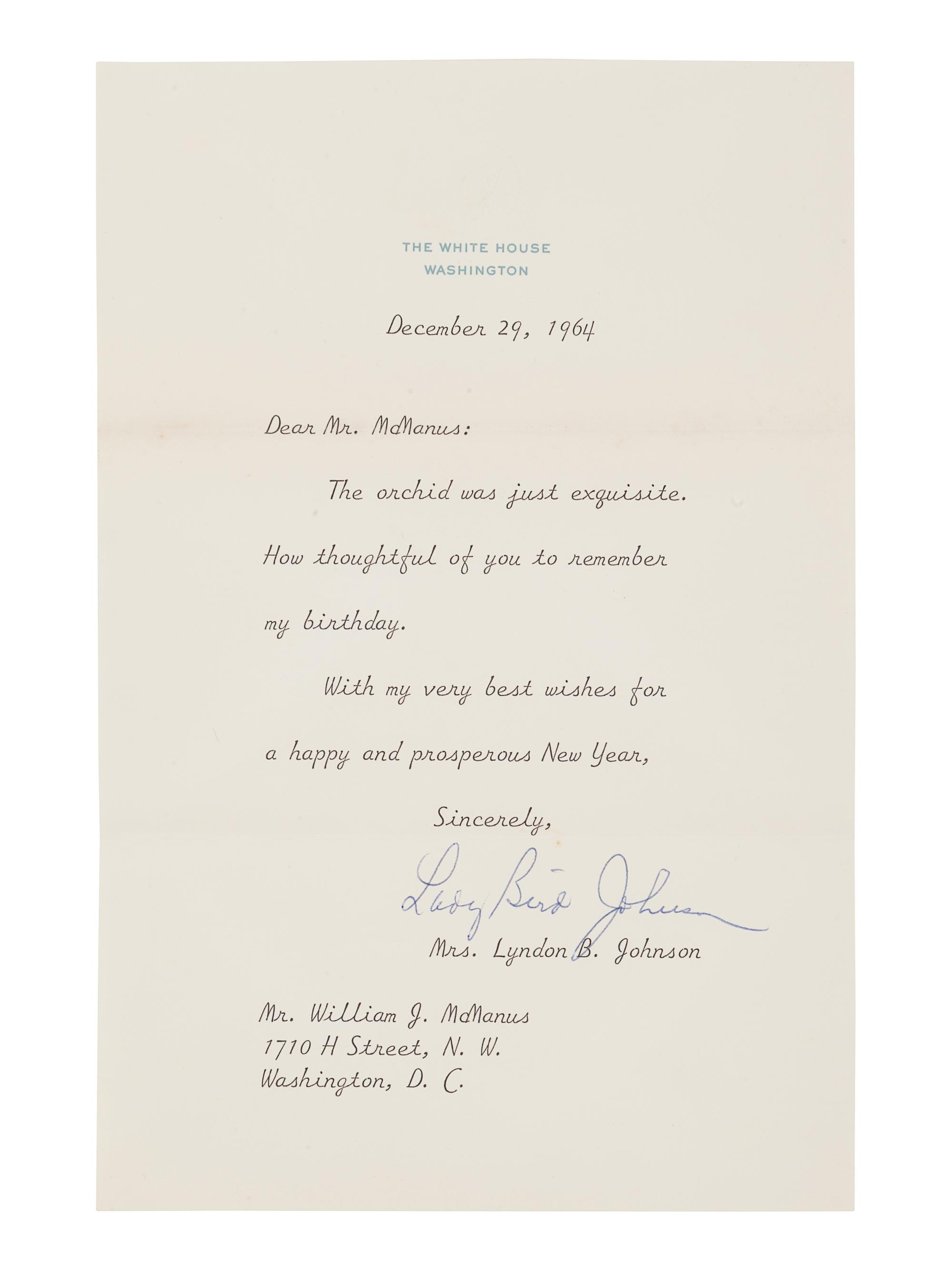 JOHNSON, Lyndon B. (1908-1973). Typed letter signed (“Lyndon”), as Vice President, to William J. McManus. Washington D.C., 28 April 1963. 1 page, 8vo, on Vice President stationary, with envelope, toning, adhesive residue to upper and lower margins.