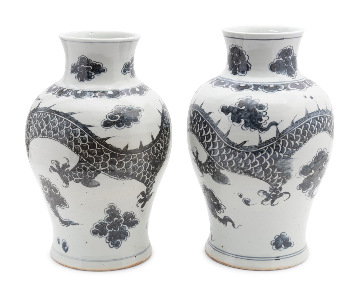 A Pair of Blue and White Porcelain 'Dragon' Vases