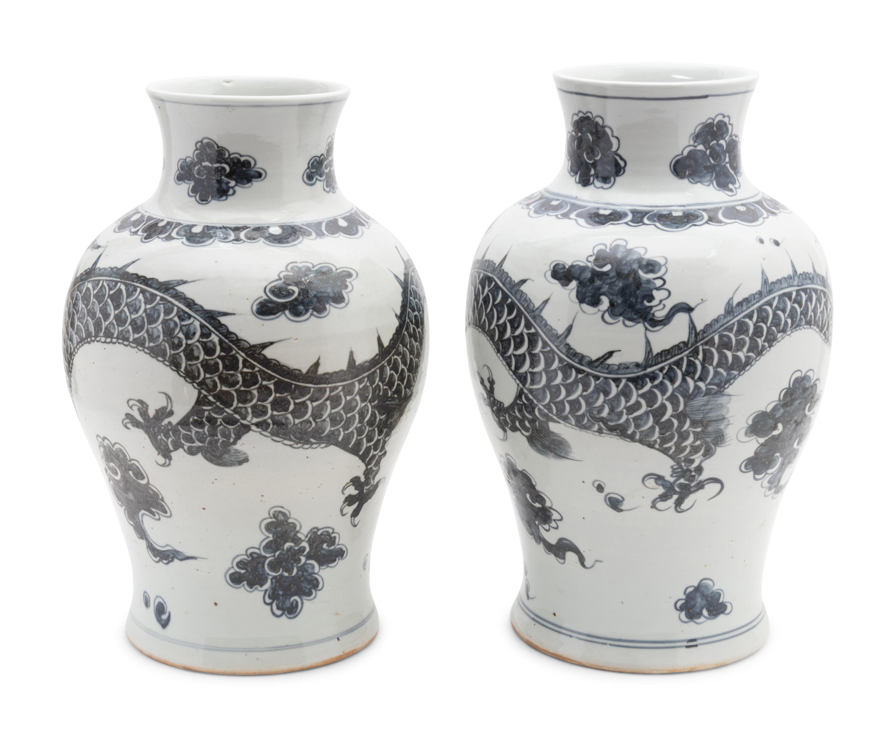 A Pair of Blue and White Porcelain 'Dragon' Vases
