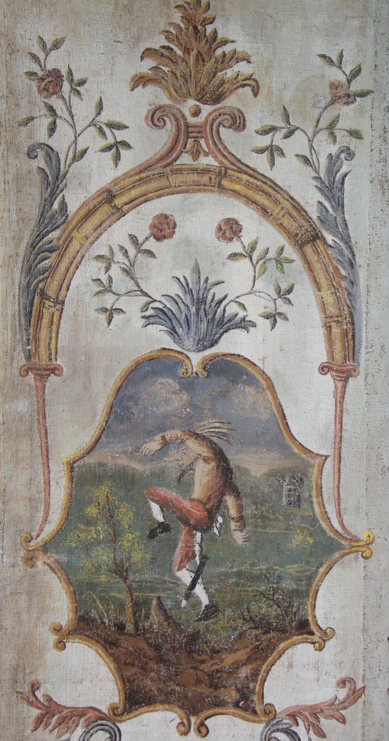 A Northern Italian Painted Canvas Six-Panel Floor Screen with Figures from the Commedia dell'Arte