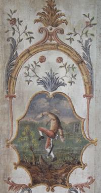 A Northern Italian Painted Canvas Six-Panel Floor Screen with Figures from the Commedia dell'Arte