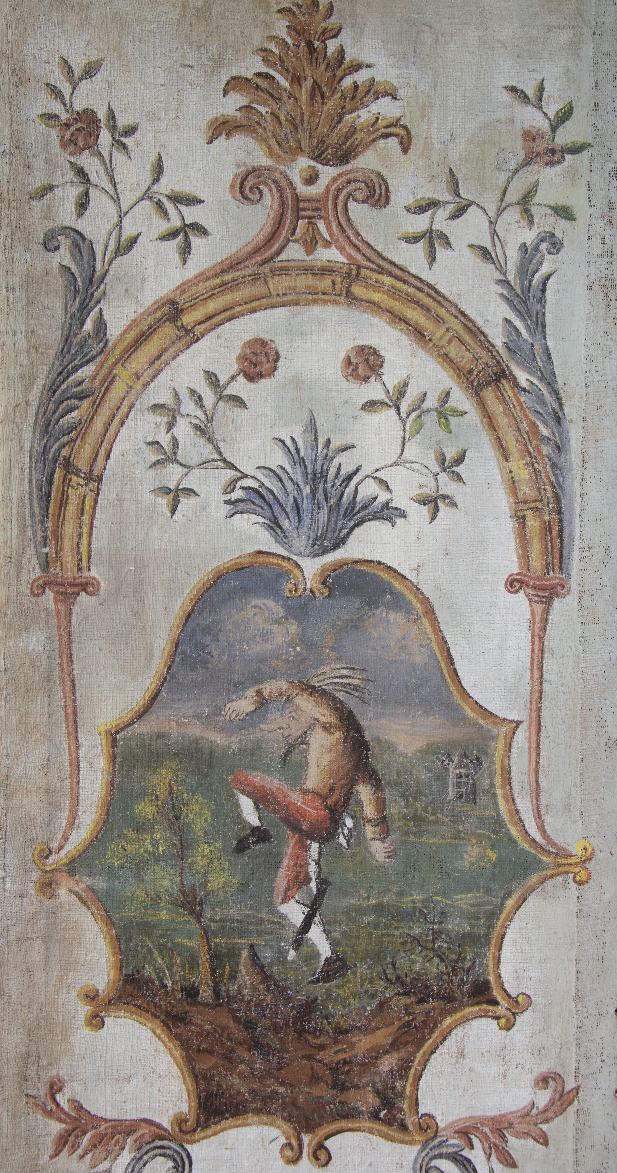 A Northern Italian Painted Canvas Six-Panel Floor Screen with Figures from the Commedia dell'Arte