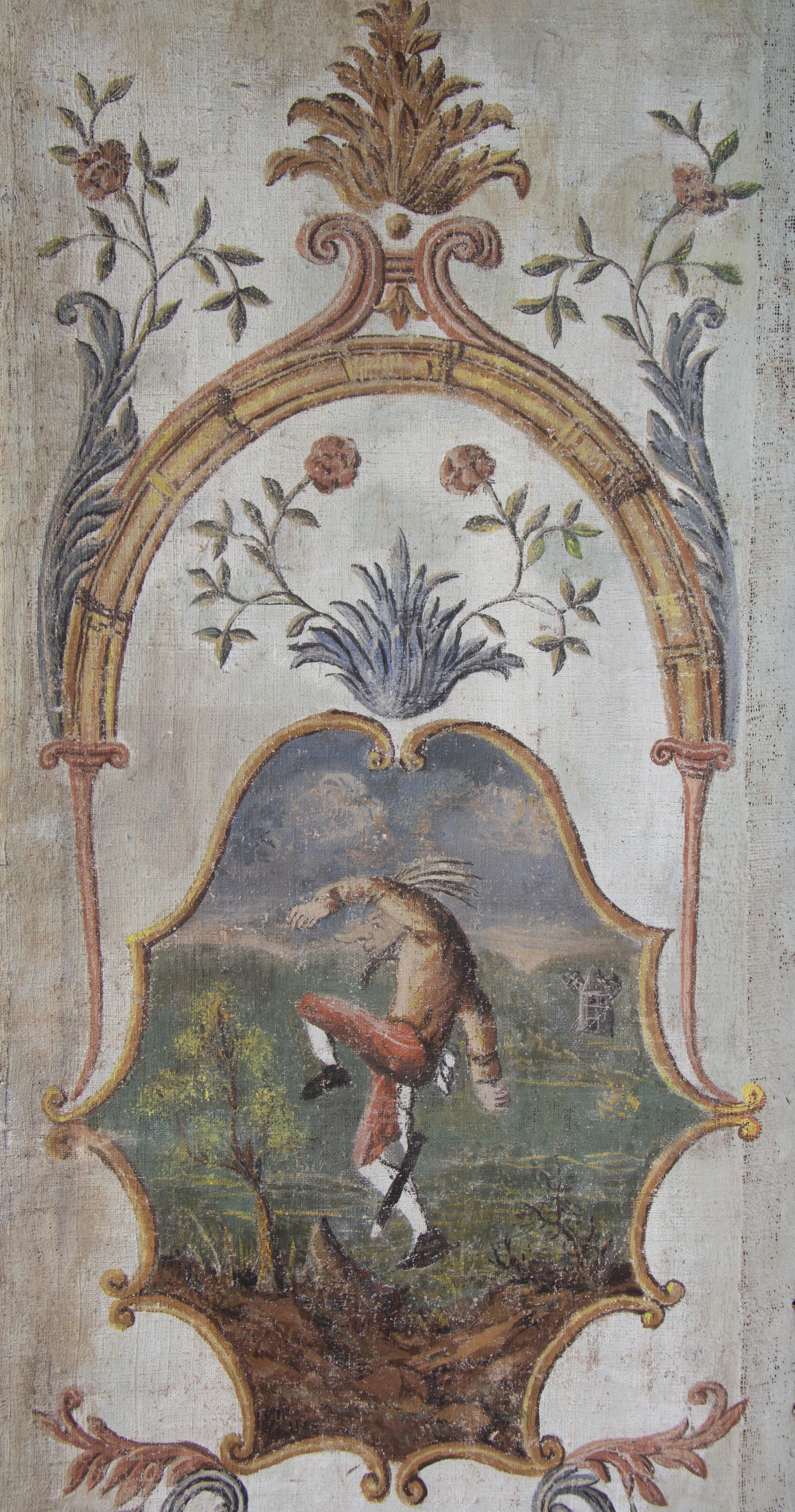 A Northern Italian Painted Canvas Six-Panel Floor Screen with Figures from the Commedia dell'Arte