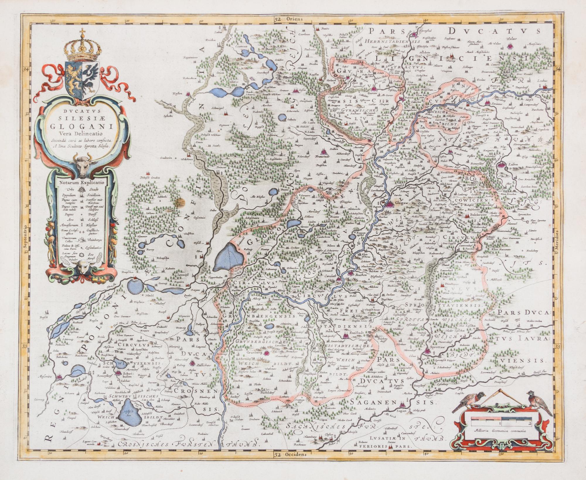 (MAP) BLAEU, WILLEM. Ducatus Silesia Glogani Vera Delineatio. [Amsterdam, 1640] Engraved map with hand-coloring.
