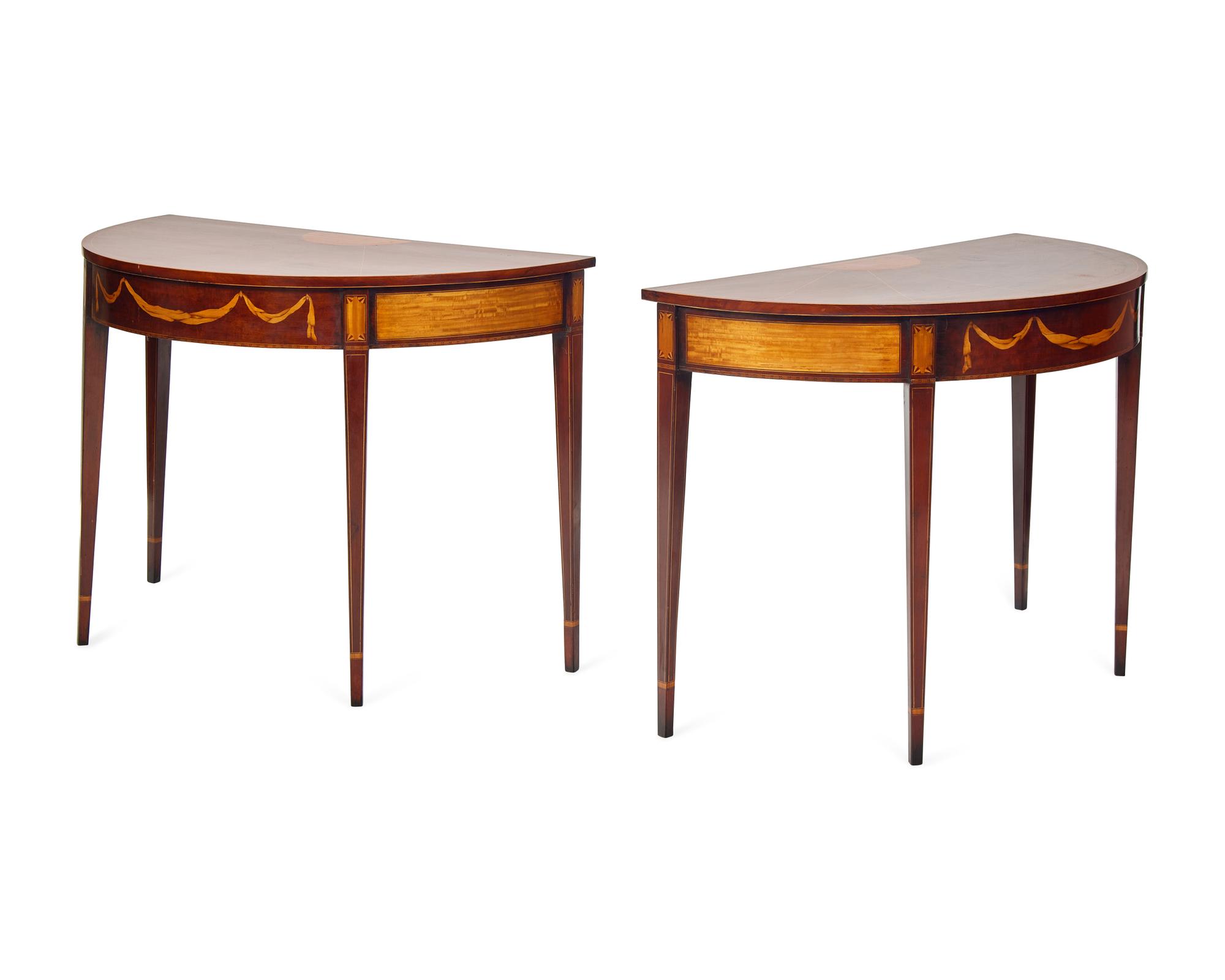 A Fine Pair of Federal Demilune Inlaid Mahogany and Satinwood Console Tables