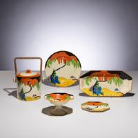 Clarice Cliff (English, 1899–1972) — Woodland pattern, 5 pieces