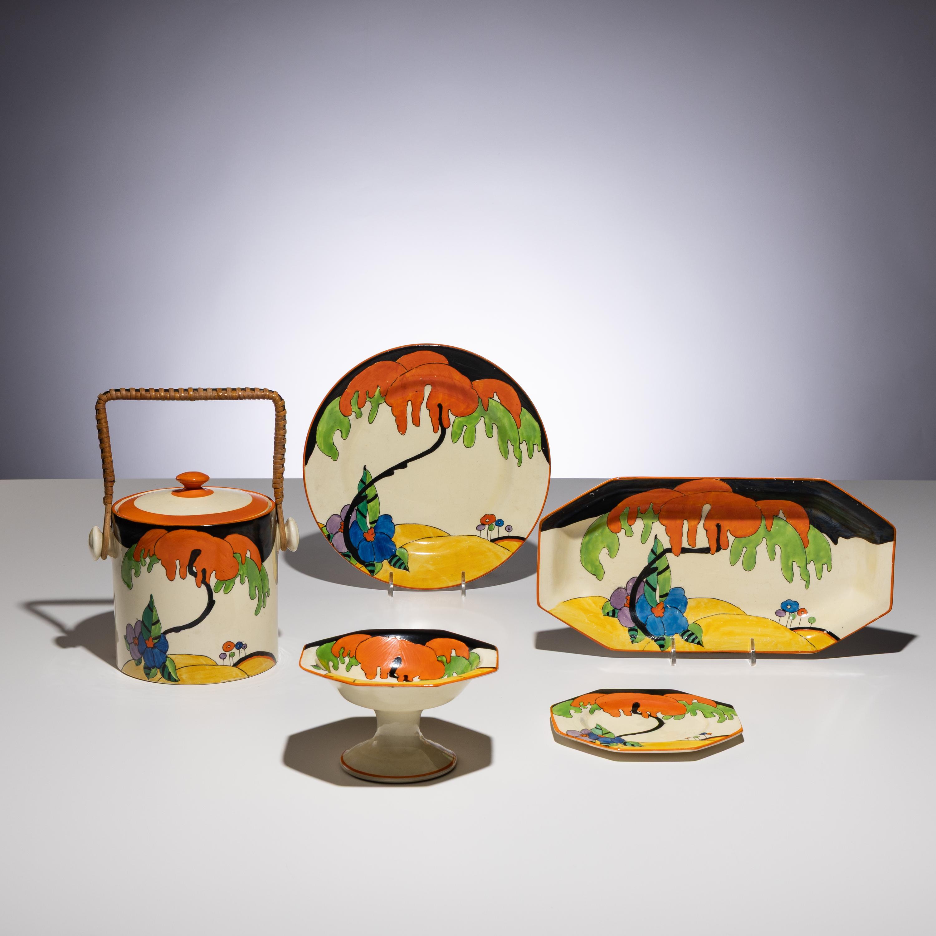 Clarice Cliff (English, 1899–1972) — Woodland pattern, 5 pieces