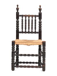 A Rare Pilgrim Century Black Painted Sausage-Turned Rush-Seat Side Chair