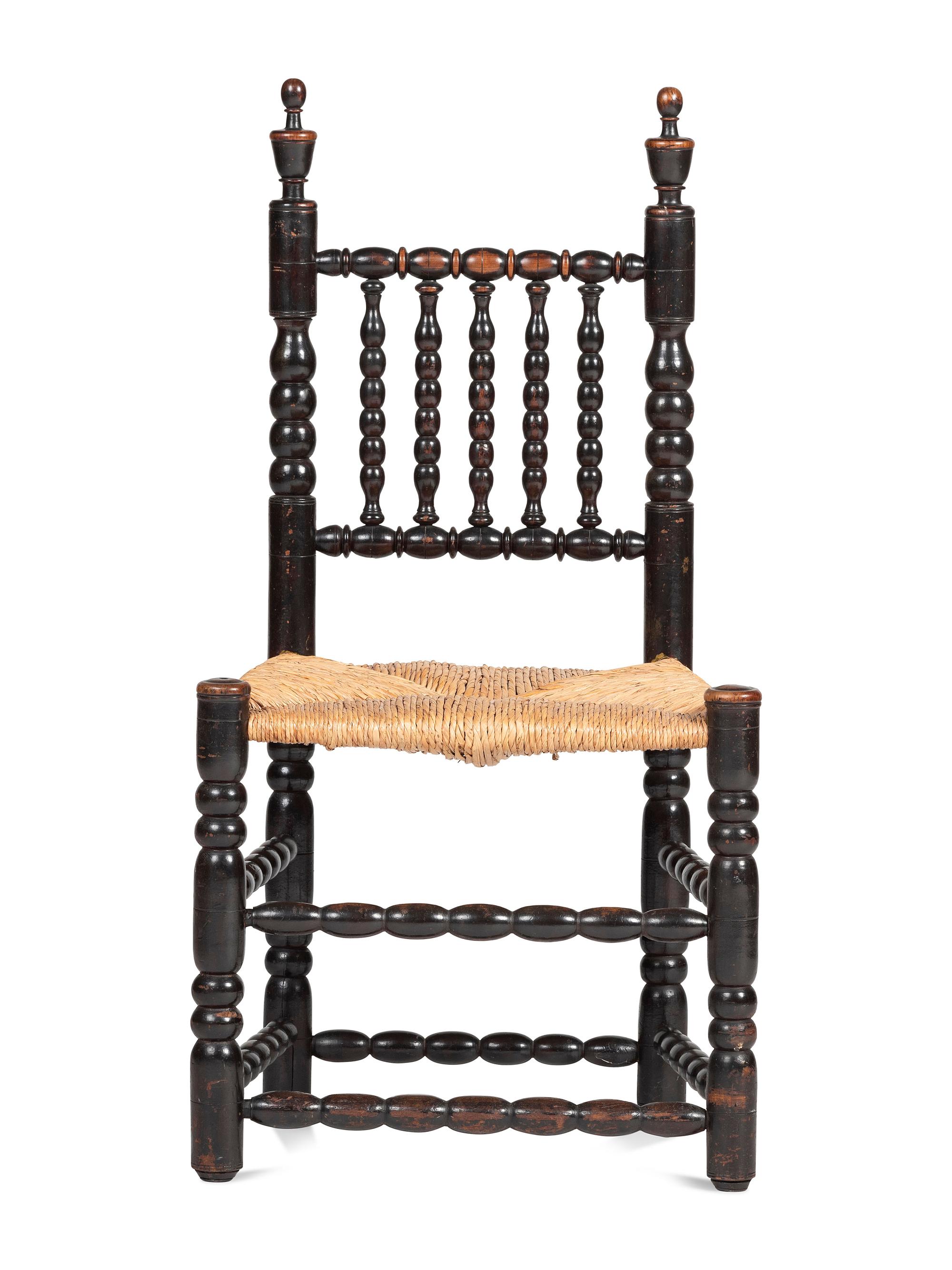A Rare Pilgrim Century Black Painted Sausage-Turned Rush-Seat Side Chair
