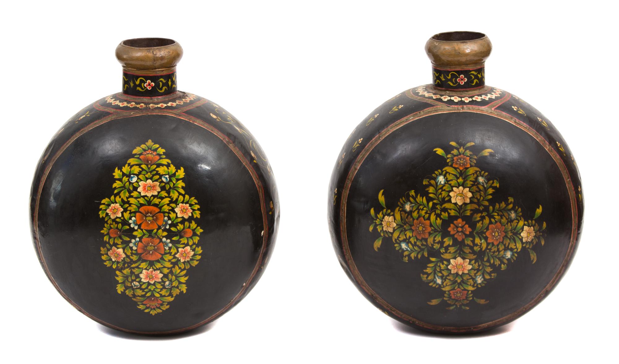A Pair of Indian Painted Brass Water Jars Height 27 1/4 inches.
