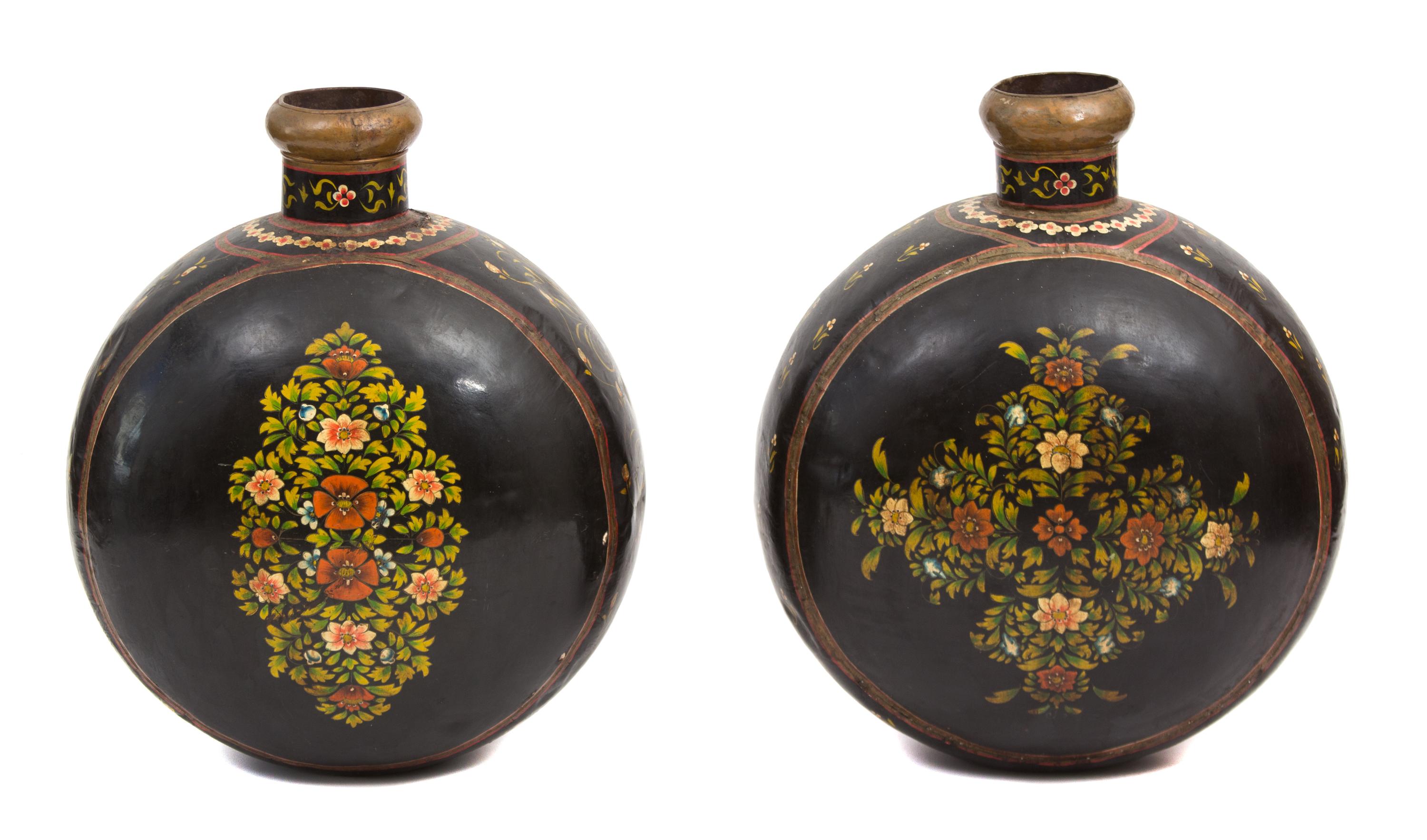 A Pair of Indian Painted Brass Water Jars Height 27 1/4 inches.