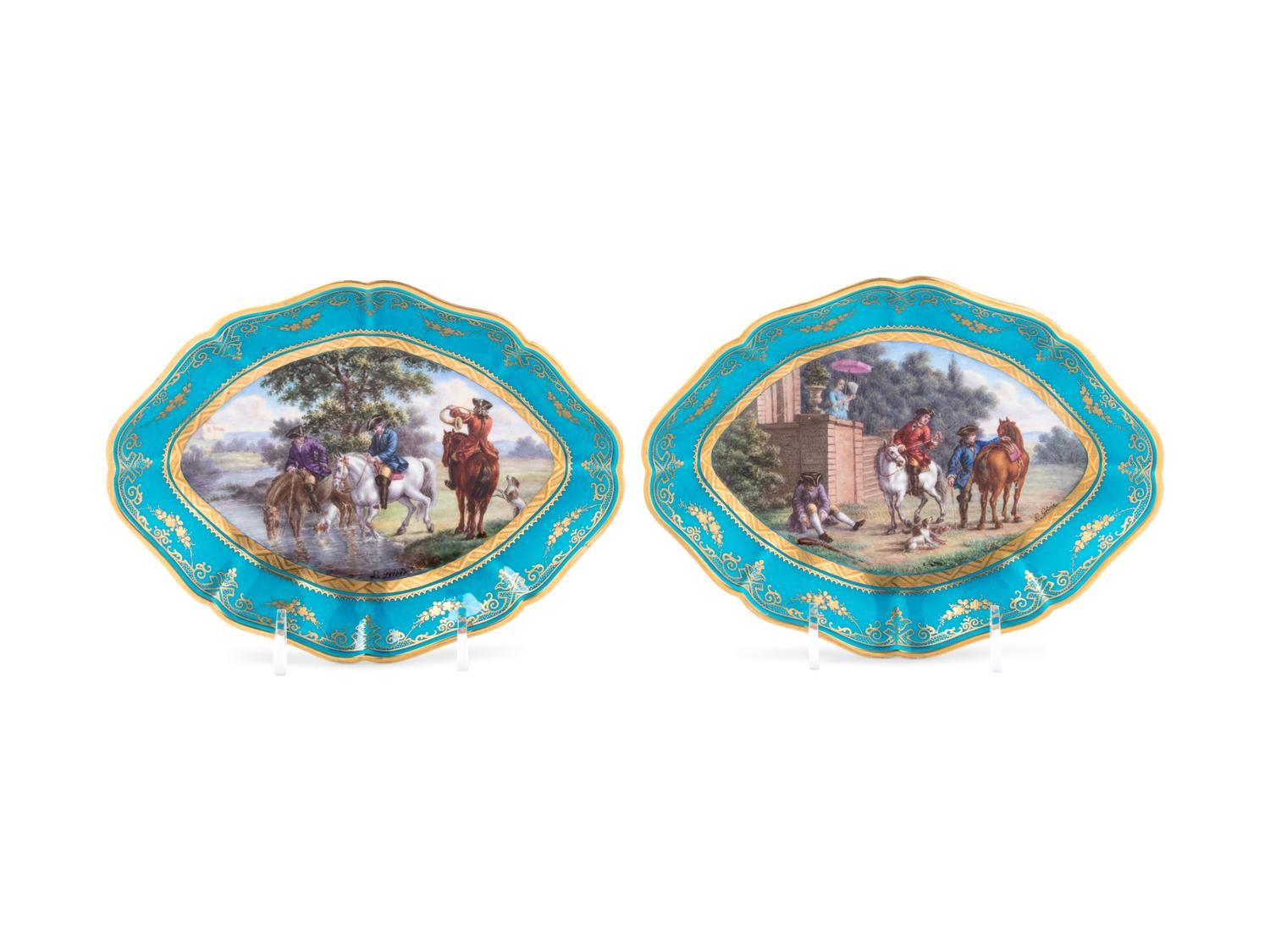 A Pair of Sèvres Style Painted and Parcel Gilt Celeste Blue-Ground Porcelain Lozenge-Form Dishes