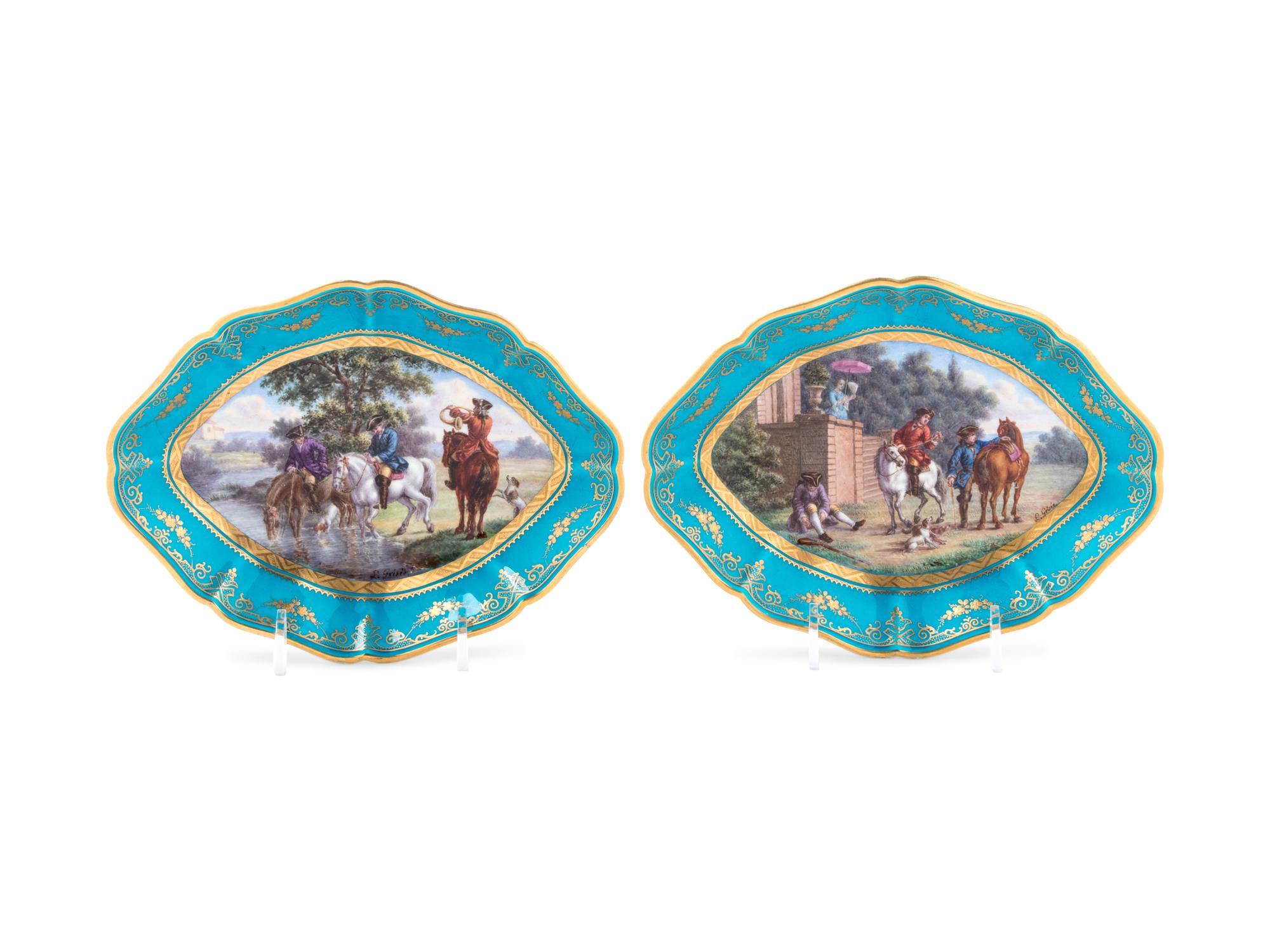A Pair of Sèvres Style Painted and Parcel Gilt Celeste Blue-Ground Porcelain Lozenge-Form Dishes